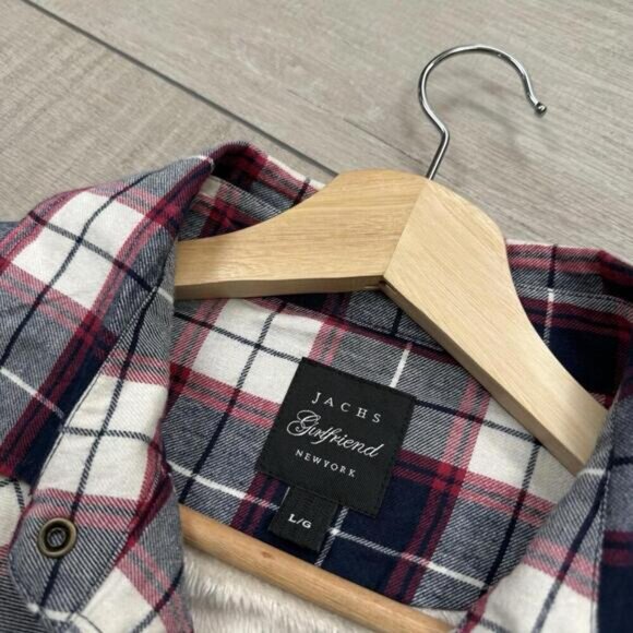 Jachs Girlfriend Sherpa Lined Flannel Shirt Overshirt Plaid Red Navy White Sz L - Picture 2 of 10